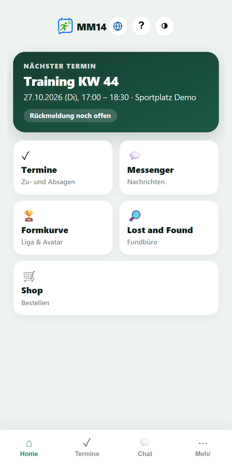 Eltern-Start: nächster Termin mit Rückmeldestatus und Kacheln für Termine, Messenger, Formkurve, Fundbüro und Shop