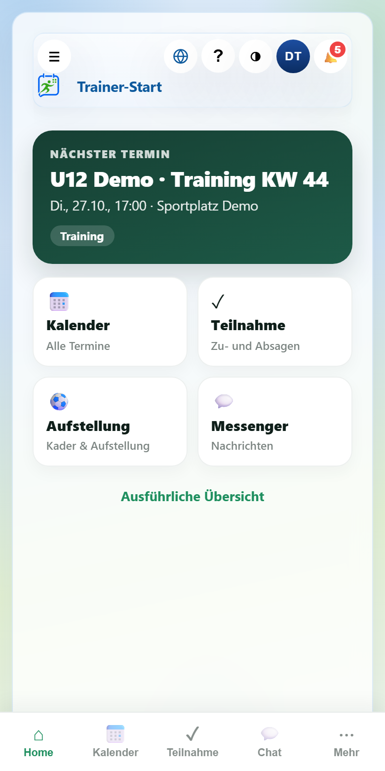 Trainer-Start: nächster Termin und Schnellzugriff auf Kalender, Teilnahme, Aufstellung und Messenger