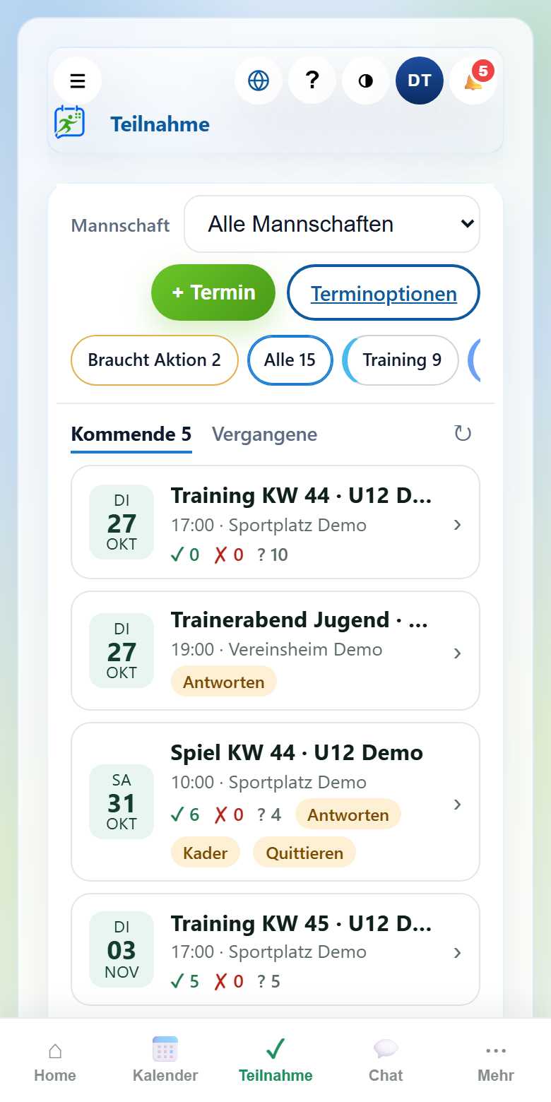 Trainer-Teilnahme als Liste: Zusagen, Absagen, offene Rückmeldungen und Aufgaben auf einen Blick